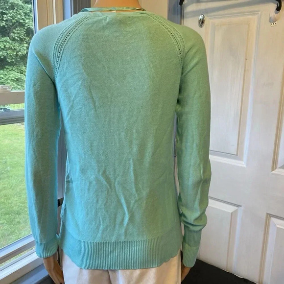 Y2K DKNY Jeans Women’s XS Knit Ruffle Sweater Cardigan Blue Stretch Lightweight - Picture 7 of 8